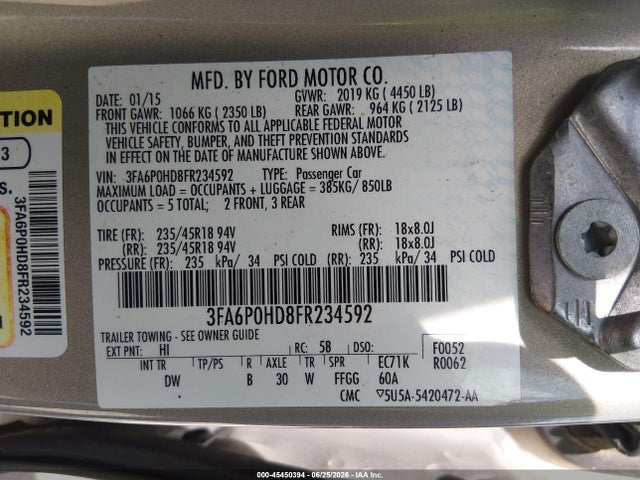 2015 Ford Fusion Se მანქანა იყიდება აუქციონზე, vin: 3FA6P0HD8FR234592, აუქციონის ნომერი: 45450394