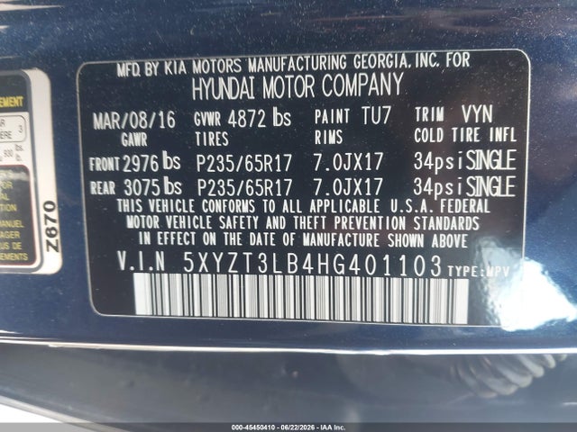 Продаж на аукціоні авто 2017 Hyundai Santa Fe Sport 2.4l, vin: 5XYZT3LB4HG401103, номер лоту: 45450410