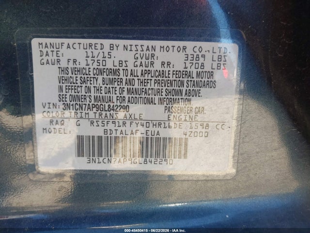 Aukcja sprzedaży 2016 Nissan Versa 1.6 S, vin: 3N1CN7AP9GL842290, numer aukcji: 45450415