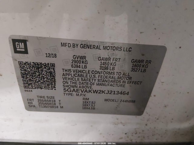45450440 :رقم المزاد ، 5GAEVAKW2KJ213464 vin ، 2019 Buick Enclave Awd Essence مزاد بيع