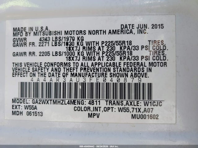 4A4AR3AU3FE040879 Mitsubishi Outlander Sport Es