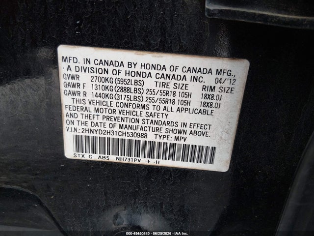 45450480 :رقم المزاد ، 2HNYD2H31CH530988 vin ، 2012 Acura Mdx Technology Package مزاد بيع