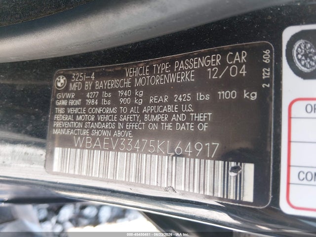Aukcja sprzedaży 2005 Bmw 325i, vin: WBAEV33475KL64917, numer aukcji: 45450481