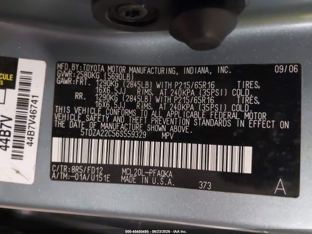 Auction sale of the 2006 Toyota Sienna Xle, vin: 5TDZA22C56S559329, lot number: 45450495