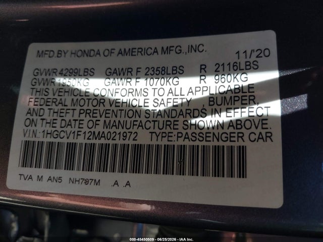 Honda ACCORD LX 2021 1HGCV1F12MA021972 Image 9