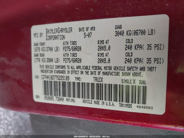 Продаж на аукціоні авто 2007 Dodge Ram 1500 Slt, vin: 1D7HA18277S225189, номер лоту: 45450515