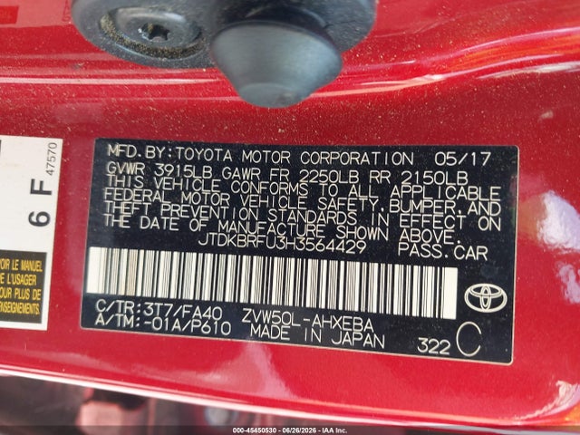2017 Toyota Prius One მანქანა იყიდება აუქციონზე, vin: JTDKBRFU3H3564429, აუქციონის ნომერი: 45450530