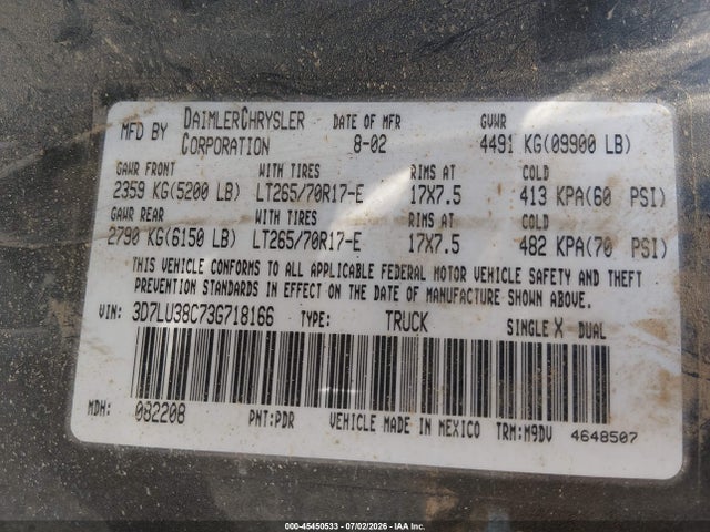 Продаж на аукціоні авто 2003 Dodge Ram 3500 Slt/laramie/st, vin: 3D7LU38C73G718166, номер лоту: 45450533