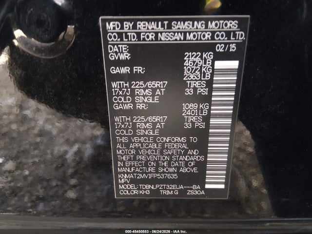 45450553 :رقم المزاد ، KNMAT2MV1FP537635 vin ، 2015 Nissan Rogue S مزاد بيع
