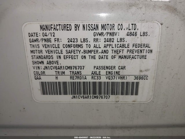2012 Infiniti G37x მანქანა იყიდება აუქციონზე, vin: JN1CV6AR1CM976707, აუქციონის ნომერი: 45450557