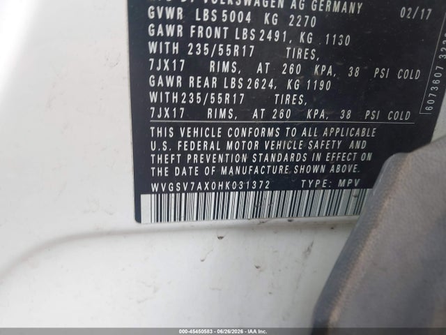 Продаж на аукціоні авто 2017 Volkswagen Tiguan 2.0t Wolfsburg Edition, vin: WVGSV7AX0HK031372, номер лоту: 45450583