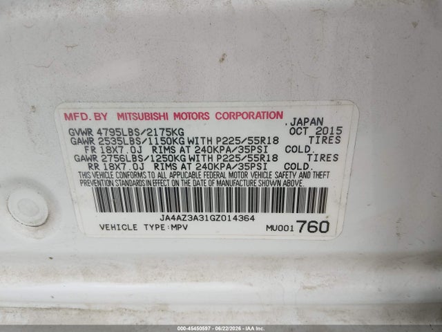 2016 Mitsubishi Outlander Se მანქანა იყიდება აუქციონზე, vin: JA4AZ3A31GZ014364, აუქციონის ნომერი: 45450597