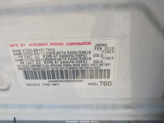 Продажа на аукционе авто 2016 Mitsubishi Outlander Se/sel, vin: JA4AD3A33GZ034291, номер лота: 45450600