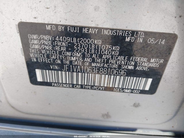 Aukcja sprzedaży 2015 Subaru Wrx Premium, vin: JF1VA1D63F8810696, numer aukcji: 45450607