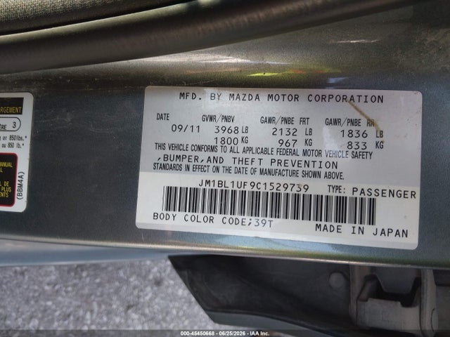 Aukcja sprzedaży 2012 Mazda Mazda3 I Sport, vin: JM1BL1UF9C1529739, numer aukcji: 45450668