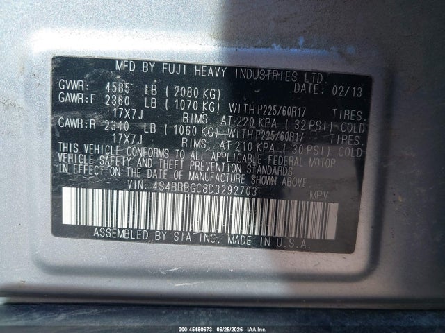 Продажа на аукционе авто 2013 Subaru Outback 2.5i Premium, vin: 4S4BRBGC8D3292703, номер лота: 45450673