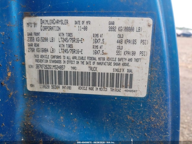 Aukcja sprzedaży 2001 Dodge Ram 2500 St, vin: 3B7KF26Z61M524857, numer aukcji: 45450675
