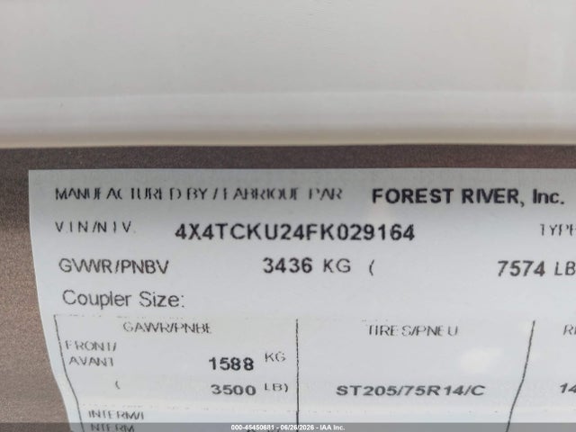 Продажа на аукционе авто 2015 Forest River Other, vin: 4X4TCKU24FK029164, номер лота: 45450681