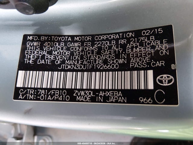 Toyota Prius Two 2015 JTDKN3DU1F1926600 Image 9