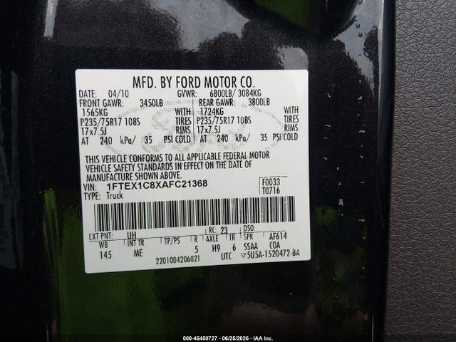 45450727 :رقم المزاد ، 1FTEX1C8XAFC21368 vin ، 2010 Ford F-150 Fx2 Sport/stx/xl/xlt مزاد بيع