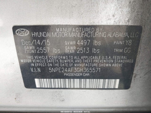 Auction sale of the 2016 Hyundai Sonata Se, vin: 5NPE24AF3GH365571, lot number: 45450732
