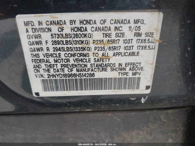 45450735 :رقم المزاد ، 2HNYD18966H514286 vin ، 2006 Acura Mdx مزاد بيع