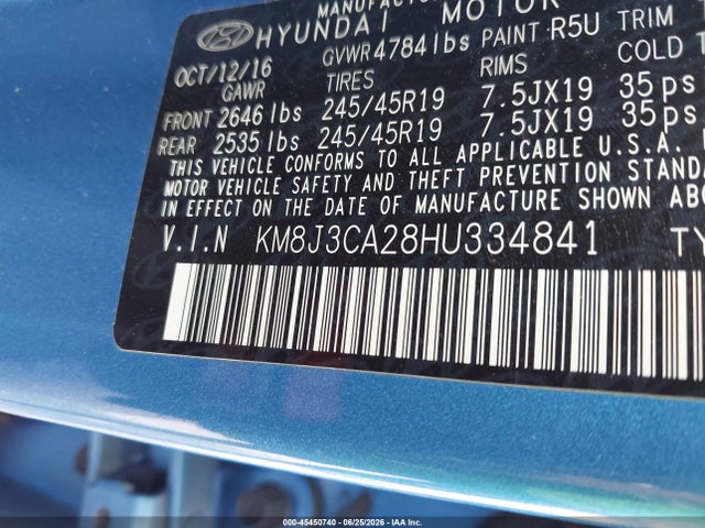 45450740 :رقم المزاد ، KM8J3CA28HU334841 vin ، 2017 Hyundai Tucson Sport مزاد بيع