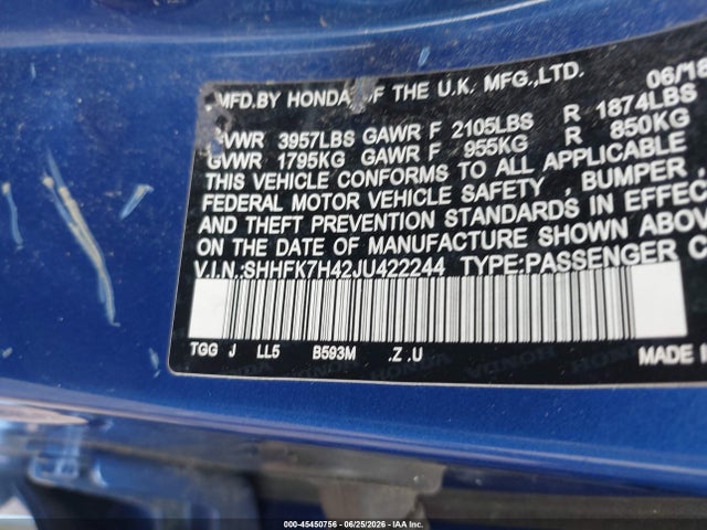 45450756 :رقم المزاد ، SHHFK7H42JU422244 vin ، 2018 Honda Civic Sport مزاد بيع