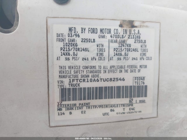 Продажа на аукционе авто 1996 Ford Ranger, vin: 1FTCR10A6TUC82546, номер лота: 45450760