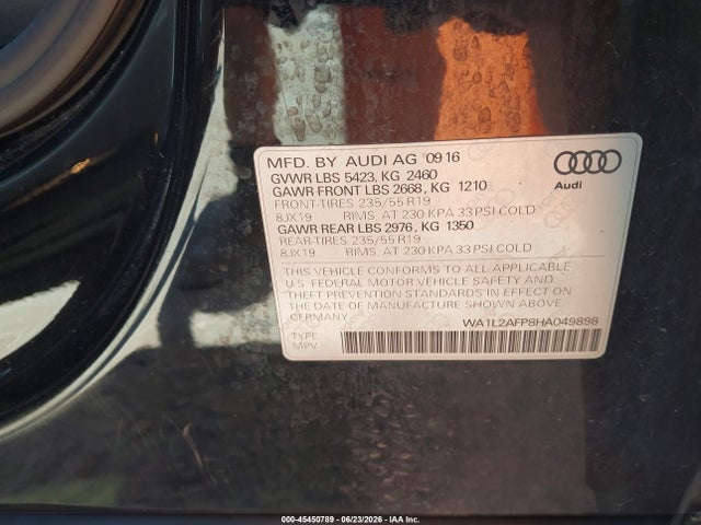 Продажа на аукционе авто 2017 Audi Q5 2.0t Premium, vin: WA1L2AFP8HA049898, номер лота: 45450789
