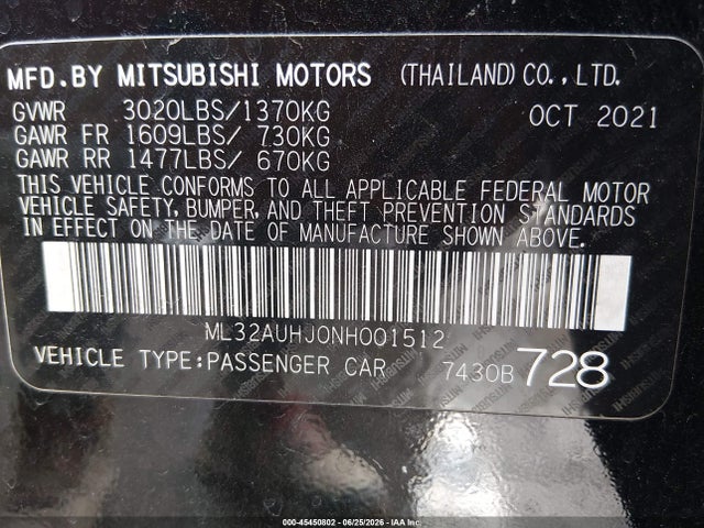 Aukcja sprzedaży 2022 Mitsubishi Mirage Es/le, vin: ML32AUHJ0NH001512, numer aukcji: 45450802
