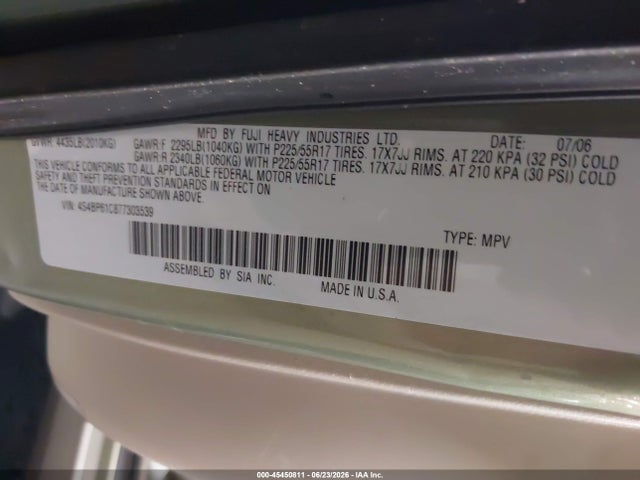 Aukcja sprzedaży 2007 Subaru Outback 2.5i, vin: 4S4BP61C877303539, numer aukcji: 45450811
