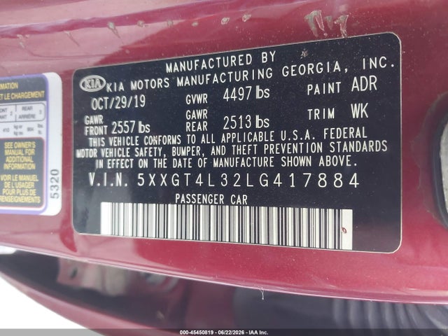 2020 Kia Optima S მანქანა იყიდება აუქციონზე, vin: 5XXGT4L32LG417884, აუქციონის ნომერი: 45450819