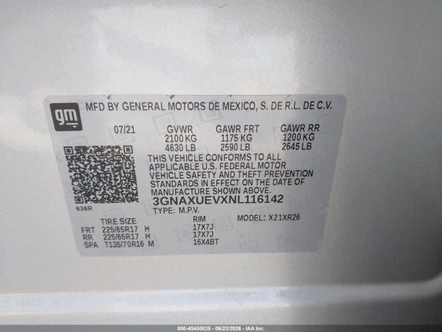 Aukcja sprzedaży 2022 Chevrolet Equinox Awd Lt, vin: 3GNAXUEVXNL116142, numer aukcji: 45450825