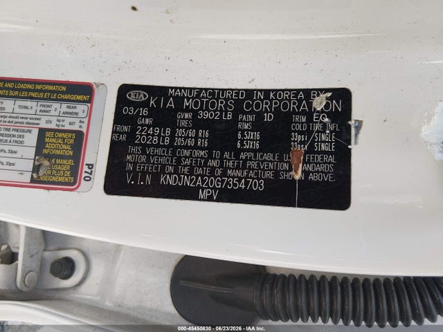 Auction sale of the 2016 Kia Soul, vin: KNDJN2A20G7354703, lot number: 45450830