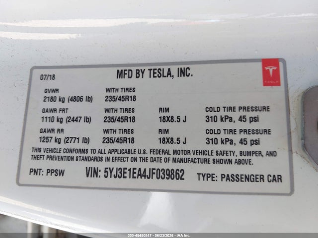 Aukcja sprzedaży 2018 Tesla Model 3, vin: 5YJ3E1EA4JF039862, numer aukcji: 45450847