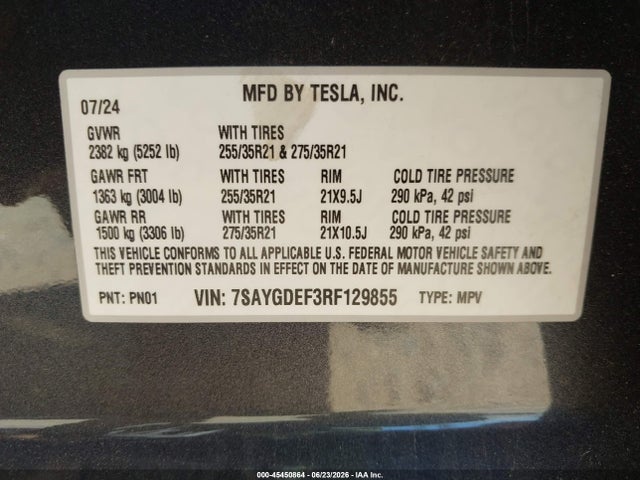 Продажа на аукционе авто 2024 Tesla Model Y Performance Dual Motor All-wheel Drive, vin: 7SAYGDEF3RF129855, номер лота: 45450864