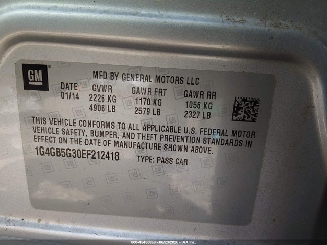 45450869 :رقم المزاد ، 1G4GB5G30EF212418 vin ، 2014 Buick Lacrosse Leather Group مزاد بيع