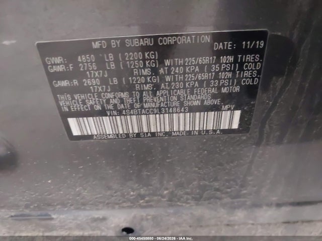 Продажа на аукционе авто 2020 Subaru Outback Premium, vin: 4S4BTACC9L3148643, номер лота: 45450880
