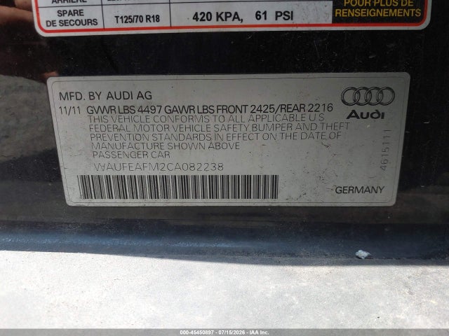 45450897 :رقم المزاد ، WAUFEAFM2CA082238 vin ، 2012 Audi A3 2.0t Premium مزاد بيع