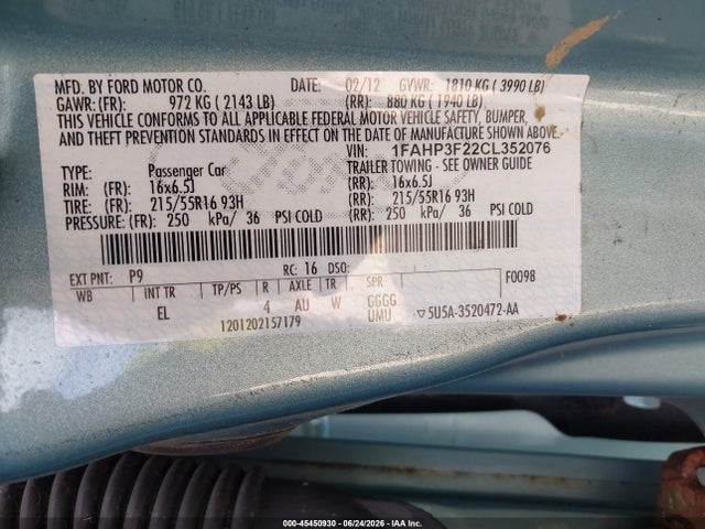 45450930 :رقم المزاد ، 1FAHP3F22CL352076 vin ، 2012 Ford Focus Se مزاد بيع