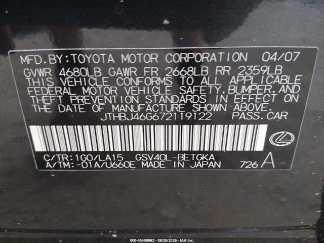 Продажа на аукционе авто 2007 Lexus Es 350, vin: JTHBJ46G672119122, номер лота: 45450962