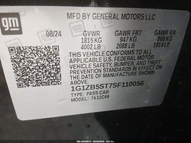 Aukcja sprzedaży 2025 Chevrolet Malibu Fwd Ls, vin: 1G1ZB5ST7SF110056, numer aukcji: 45450970