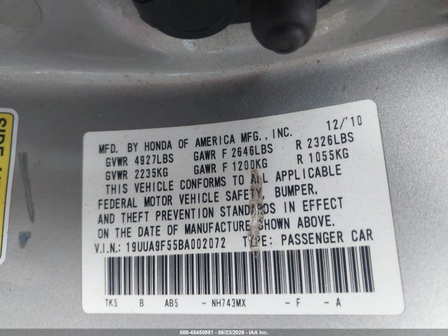 Aukcja sprzedaży 2011 Acura Tl 3.7, vin: 19UUA9F55BA002072, numer aukcji: 45450981