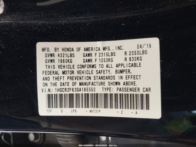 1HGCR2F63GA185550 Honda Accord Sport