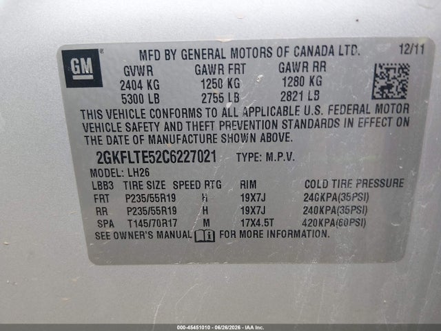 Продажа на аукционе авто 2012 Gmc Terrain Sle-2, vin: 2GKFLTE52C6227021, номер лота: 45451010