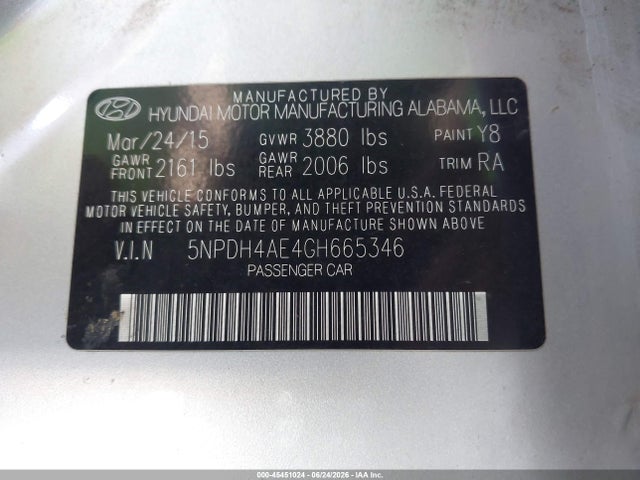 Auction sale of the 2016 Hyundai Elantra Se, vin: 5NPDH4AE4GH665346, lot number: 45451024