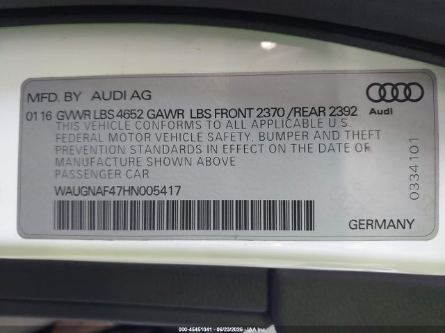 Продажа на аукционе авто 2017 Audi A4 Premium, vin: WAUGNAF47HN005417, номер лота: 45451041