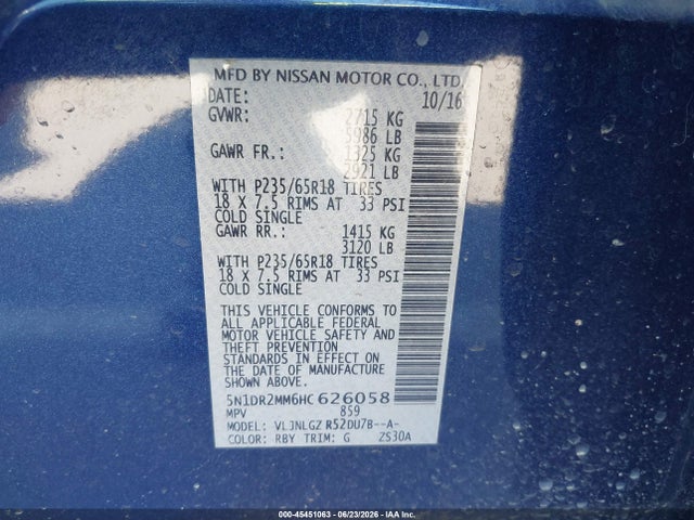 Aukcja sprzedaży 2017 Nissan Pathfinder Sl, vin: 5N1DR2MM6HC626058, numer aukcji: 45451063