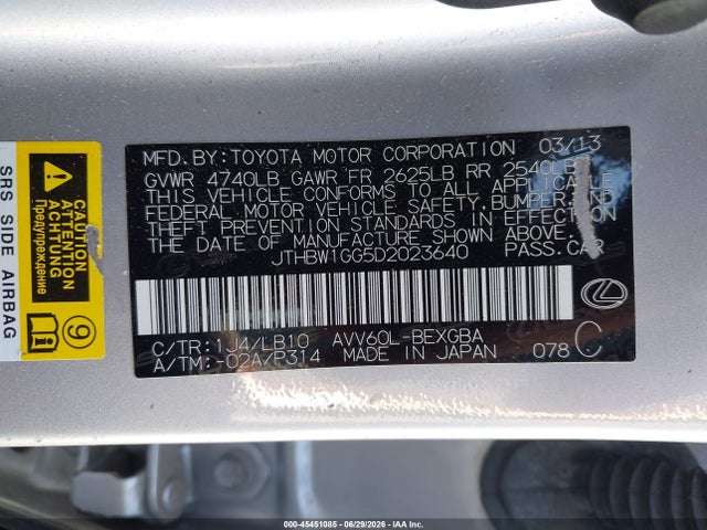 Продажа на аукционе авто 2013 Lexus Es 300h, vin: JTHBW1GG5D2023640, номер лота: 45451085